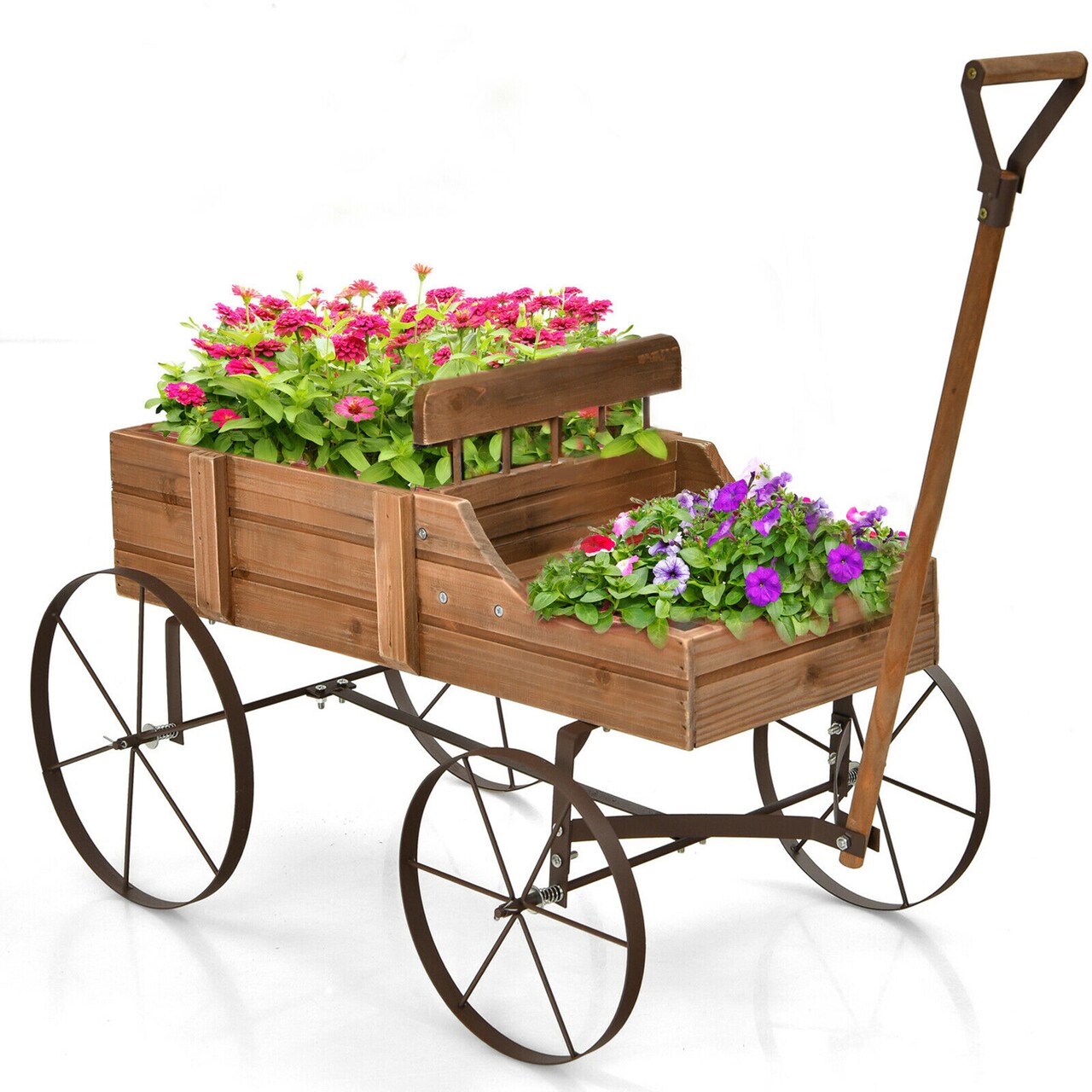 Costway Garden Plant Planter Wooden Wagon Planter W/ Wheel Garden Yard